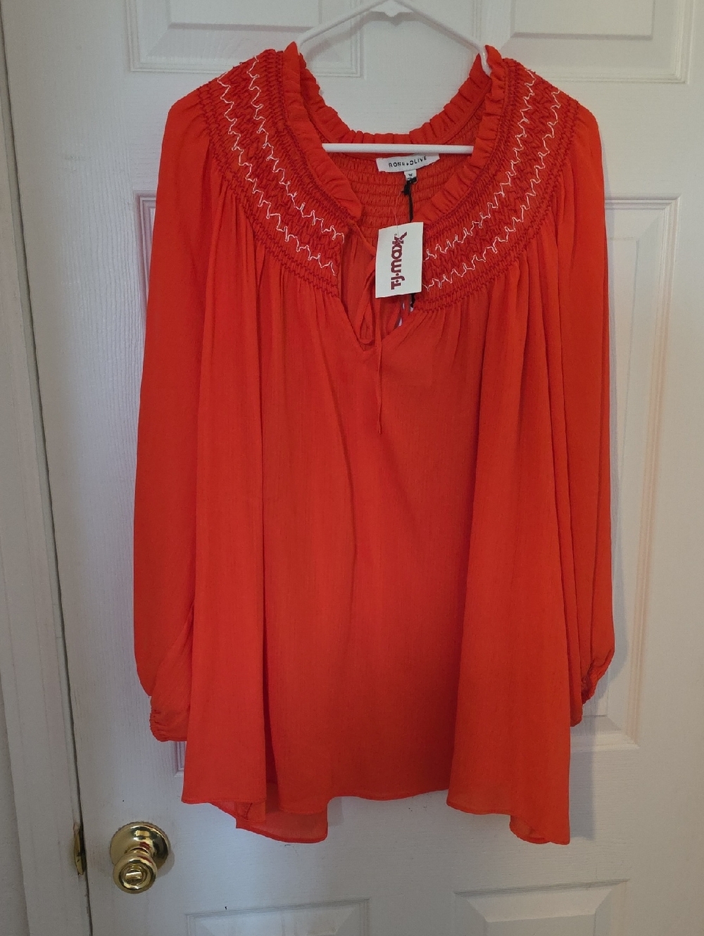 Soft Surroundings Bright Orange Smocked-Neck Peasant Top